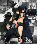  aconitea backless_outfit bad_id bad_pixiv_id bdsm bikini_top black_hair black_rock_shooter black_rock_shooter_(character) blue_eyes bondage boots bound chain checkered coat dead_master green_eyes highres hood horns long_hair lying multiple_girls shorts wings yuri 