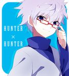  adjusting_eyewear bad_id bad_pixiv_id blood bloody_hair blue_background blue_eyes copyright_name glasses hage_ta hunter_x_hunter killua_zoldyck male_focus solo upper_body white_hair 