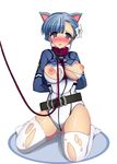  :o alternate_breast_size animal_ears arms_behind_back bangs bdsm belt between_breasts blue_hair blunt_bangs blush bondage bound braid breast_bondage breasts collar cropped_jacket embarrassed fin_e_ld_si_laffinty flower french_braid full_body hair_flower hair_ornament hips jacket kemonomimi_mode large_breasts leash leotard long_sleeves looking_at_viewer loose_belt nipples no_shoes nose_blush open_mouth pet_play pilot_suit purple_eyes pussy_juice raised_eyebrows rinne_no_lagrange rope short_hair sidelocks simple_background sitting slave solo tears thighhighs thighs torn_clothes torn_legwear torn_leotard wariza wavy_mouth white_background white_legwear yuzumiya_mono 