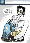  &hearts; belt blush cute emblem engineer_(team_fortress_2) eyewear gloves lintu male overalls sniper_(team_fortress_2) sunglasses topless 