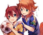  :d amemiya_taiyou aqua_eyes arakumo_gakuen arakumo_gakuen_soccer_uniform armband bad_id bad_pixiv_id ball blue_eyes brown_hair hage_ta hands hands_on_shoulders holding inazuma_eleven_(series) inazuma_eleven_go male_focus matsukaze_tenma multiple_boys open_mouth raimon raimon_soccer_uniform red_hair smile soccer_ball soccer_uniform sportswear telstar translation_request transparent_background 