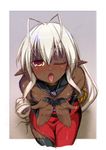  antenna_hair blush cupping_hands dark_elf dark_skin elf kouki_kuu long_hair one_eye_closed open_hands open_mouth orange_eyes pointy_ears sansei_muramasa solo soukou_akki_muramasa tongue tongue_out white_hair 