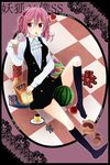  apple ascot bad_id bad_pixiv_id border candy character_name checkered checkered_floor chips copyright_name dress food fruit heart inu_x_boku_ss leaf lollipop mouth_hold pink_eyes pink_hair plate potato_chips pudding roromiya_karuta socks tail tanuki tsuyuki_(kagomekamome) twintails watanuki_banri watermelon 