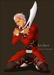  archer bad_id bad_pixiv_id black_background character_name copyright_name dark_skin dark_skinned_male fate/stay_night fate_(series) kanshou_&amp;_bakuya machikuso male_focus simple_background solo white_hair 