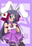  animal_ears blue_eyes blush bow breasts bunny_ears cosplay di_gi_charat dice dress frills hair_cubes hair_ornament hiiragi_miki long_hair lucky_star medium_breasts pantyhose purple purple_hair solo star usada_hikaru usada_hikaru_(cosplay) yuzumiya_mono 