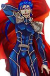  bad_id bad_pixiv_id blue_hair cape earrings fangs fate/stay_night fate_(series) gae_bolg jewelry lancer long_hair male_focus pauldrons polearm ponytail red_eyes s_gentian solo spear weapon 