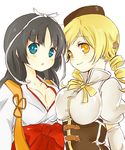  asymmetrical_docking black_hair blonde_hair blue_eyes breast_press breasts cleavage corset crossover hair_ornament hair_ribbon hidan_no_aria hotogi_shirayuki japanese_clothes large_breasts long_hair magical_girl mahou_shoujo_madoka_magica miko multiple_girls nori_senbei ribbon saimoe saimoe_2011 smile tomoe_mami yellow_eyes 