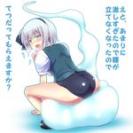  ass bad_id bad_pixiv_id black_hairband blue_eyes hair_ribbon hairband highres hitodama inuga_anahoru konpaku_youmu konpaku_youmu_(ghost) one-piece_swimsuit open_mouth ribbon school_swimsuit short_hair silver_hair sitting solo swimsuit touhou translation_request 