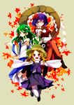  blonde_hair breasts detached_sleeves frog frog_hair_ornament green_hair hair_ornament hair_ribbon hair_tubes hat highres kochiya_sanae leaf long_hair medium_breasts mirror moriya_suwako multiple_girls open_mouth purple_eyes purple_hair red_eyes ribbon rope shimenawa shizuki_sayaka short_hair skirt smile snake thighhighs touhou white_legwear yasaka_kanako yellow_eyes 