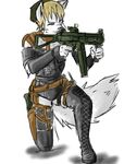  aiming armor baltoperrolobo belt beret blonde_hair boots bracers canine concentration ears_up female fluffy_tail fur gun hair hat holster kneeling knife laced_boots lacing mammal plain_background pointy_ears ranged_weapon solo sucker_punch thigh_boots weapon white_background white_fur wolf yellow_eyes 