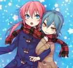  arm_hug blue_eyes grin inazuma_eleven_(series) inazuma_eleven_go kariya_masaki kirino_ranmaru multiple_boys open_mouth plaid plaid_scarf red_scarf riyu_(yulevy) scarf shared_scarf smile yellow_eyes 