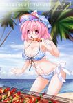  2011 beach bikini blush breasts cleavage cloud day eating floral_print food frilled_bikini frills front-tie_top grill grilling hat highres large_breasts meat millelunar ocean open_mouth palm_tree pink_eyes pink_hair saigyouji_yuyuko short_hair skewer smile solo swimsuit touhou tree triangular_headpiece water 