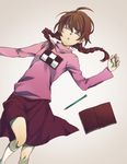  book braid brown_hair closed_eyes lying m0towaka madotsuki pen pink_shirt purple_skirt shirt skirt solo twin_braids twintails yume_nikki 