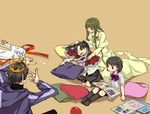  3girls black_hair caesiellus cake cape child crown family fate/zero fate_(series) food green_hair hood hoodie long_hair magazine matou_kariya matou_sakura mother_and_daughter multiple_girls pillow reading toosaka_aoi toosaka_rin younger 