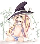  blonde_hair blue_eyes bra bra_lift flat_chest flower groin hair_in_mouth hat highres kirisame_marisa lingerie long_hair mouth_hold navel panties panty_pull plant pokachu sitting socks solo stomach touhou underwear underwear_only undressing wariza white_background witch_hat 