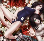  another barefoot black_hair blood broken_glass doll eyepatch face feet flower glass green_eyes hands highres lips lying misaki_mei on_back one-piece_swimsuit petals plant rail_(silverbow) red_eyes rose school_swimsuit short_hair solo swimsuit thorns vines white_flower white_rose 
