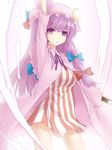  :&lt; arm_up bad_id bad_pixiv_id book bow crescent dress hair_bow hat highres hsuliherng long_hair patchouli_knowledge purple_eyes purple_hair solo striped striped_dress touhou vertical_stripes 