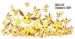  :3 :d alternate_color aqua_eyes character_name clone closed_eyes dated english gen_1_pokemon green_eyes grin highres jolteon no_humans odd_one_out open_mouth pokemon pokemon_(creature) purple_eyes shiny_pokemon simple_background sleeping smile sparkle too_many wataametulip white_background 