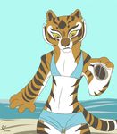 anthro bikini breasts clothed clothing feline female invalid_background kung_fu_panda mammal master_tigress pmoss simple_background skimpy small_breasts solo swimsuit tiger 