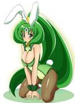  animal_ears bare_shoulders big_hair blush breasts bunny_tail bunnysuit cleavage cure_march curvy detached_collar eyelashes green green_eyes green_hair green_leotard kneeling large_breasts leotard midorikawa_nao pantyhose ponytail precure smile_precure! solo tail tiara tri_tails white_background wrist_cuffs yuzumiya_mono 