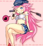  big_hair blue_eyes blue_shorts breasts chibi collar cuffs cutoffs denim denim_shorts final_fight handcuffs hat high_heels large_breasts long_hair nail_polish one_eye_closed peaked_cap pink_hair pinky_out poison_(final_fight) riding_crop seo_kichi shoes shorts solo street_fighter studded_collar tank_top very_long_hair 