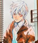 1boy artist_name bangs coat collared_shirt hair_between_eyes highres jacket looking_at_viewer male_focus meyoco no.6 parted_lips photo red_eyes shion_(no.6) shirt short_hair simple_background solo traditional_media watermark white_background white_hair white_shirt 