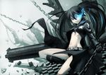  arm_cannon belt bikini_top black_rock_shooter black_rock_shooter_(character) blue_eyes boots burning_eye chain cleavage_cutout fire flame gloves glowing glowing_eye hetza_(hellshock) jacket long_hair midriff navel scar short_shorts shorts star stitches twintails uneven_twintails weapon zipper 