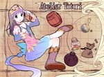  atelier_(series) atelier_totori back_bow bad_id bad_pixiv_id bare_shoulders barrel blue_sleeves bomb boots bow copyright_name detached_sleeves dress headdress holding jar knee_boots long_hair looking_at_viewer muhogame purple_hair silver_eyes skirt solo star test_tube totooria_helmold 