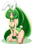  animal_ears bare_legs bare_shoulders barefoot big_hair blush breasts bunny_tail bunnysuit cleavage cure_march detached_collar eyelashes full_body green green_eyes green_hair green_leotard kneeling large_breasts leotard midorikawa_nao ponytail precure smile_precure! solo tail tiara tri_tails white_background wrist_cuffs yuzumiya_mono 