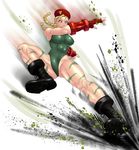  antenna_hair armor beret blonde_hair blue_eyes boots braid breasts cammy_white camouflage fingerless_gloves flying_kick gloves hat ink japanese_armor kicking kote large_breasts leotard muscle solo speed_lines street_fighter street_fighter_iv_(series) thong_leotard tomliat twin_braids 