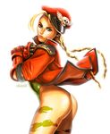  alternate_costume antenna_hair ass benjamin_ang blonde_hair blue_eyes braid cammy_white cosplay fingerless_gloves from_side garrison_cap gloves green_leotard hat jacket leotard long_hair scar simple_background solo street_fighter street_fighter_iv_(series) thong_leotard twin_braids vega vega_(cosplay) white_background 