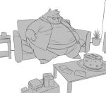  anthro belly belly_overhang big_belly big_butt birthday_cake bluesundae butt cake canid canine canis clothed clothing corgi domestic_dog eyewear food fur gift glasses greyscale hand_on_stomach hyper hyper_belly inside letter male mammal monochrome moobs morbidly_obese obese obese_male open_jacket overweight overweight_male plant potted_plant sitting smile sofa solo table thick_thighs wide_hips 