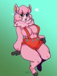  2019 alpaca animal_crossing anthro apron arnachy breasts camelid clothing digital_media_(artwork) female gradient_background hi_res hooves looking_at_viewer mammal nintendo open_mouth reese_(animal_crossing) signature simple_background solo video_games 