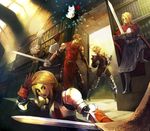  3girls agrias_oaks ahoge archer_(fft) armor arrow bad_id bad_pixiv_id battle black_mage black_mage_(fft) blonde_hair blue_eyes book boots bow_(weapon) braid final_fantasy final_fantasy_tactics gauntlets gloves gun handgun hat knight_(fft) library long_hair moogle multiple_boys multiple_girls mustadio_bunansa pistol ramza_beoulve single_braid staff stairs tabard tanokura_mon thigh_boots thighhighs time_mage time_mage_(fft) weapon wiegraf_folles witch_hat 