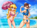  beach bikini blonde_hair capcom chun-li cleavage mario_bros. nintendo princess_peach sigurd street_fighter super_mario_bros swimsuit umbrella water 