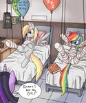  amber_eyes angry annoyed balloons bandage bed blonde_hair blue_fur book cast crossed_arms cutie_mark derpy_hooves_(mlp) detailed_background dialog english_text equine female feral food friendship_is_magic fur glaring grey_fur group hair horn horse hospital mammal monitor muffin multi-colored_hair my_little_pony pegasus pillow pony ponykillerx purple_eyes purple_fur purple_hair rainbow_dash_(mlp) rainbow_hair rainbow_tail text twilight_sparkle_(mlp) two_tone_hair unicorn wings wounded 