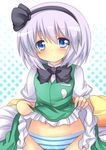  bad_id bad_pixiv_id black_hairband blue_eyes blush bow hair_ribbon hairband konpaku_youmu panties ribbon shinekalta shirt short_hair silver_hair skirt skirt_lift solo striped striped_panties touhou underwear vest 