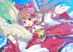  alternate_costume ascot bow brown_hair cherry_blossoms detached_sleeves dragon dress eastern_dragon flower frills green_eyes hair_bow hair_flower hair_ornament hair_tubes hakurei_reimu japanese_clothes leaf long_hair open_mouth petals red_eyes smile solo soukuu_kizuna touhou 