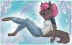  anniepopokios blue_eyes brown_fur canine clothing female fur grin hair human isabella_price mammal pink_hair were werewolf wolf 