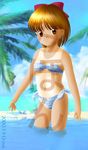  blonde_hair brown_eyes child hime-chan_no_ribbon loli nonohara_himeko ribbon short_hair swimsuit tan tanline 