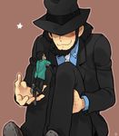  :3 arsene_lupin_iii bad_id bad_pixiv_id beard black_hair blush facial_hair green_jacket hat jacket jigen_daisuke lupin_iii male_focus multiple_boys necktie toujou_sakana 