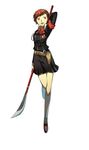  brown_hair digital_media_player female_protagonist_(persona_3) hair_ornament headphones highres naginata persona persona_3 persona_3_portable persona_4:_the_ultimate_in_mayonaka_arena polearm red_eyes ribbon school_uniform short_hair smile solo takayan weapon 