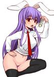  animal_ears black_legwear blush bottomless bunny_ears colored_pubic_hair condom cum extra_ears hand_on_hip long_hair navel necktie okayu_(deleted) pubic_hair purple_hair red_eyes red_neckwear reisen_udongein_inaba simple_background sketch solo thighhighs tongue touhou 