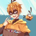  :d ahoge angry_birds bad_id bad_pixiv_id brown_eyes bubbles_(angry_birds) candy eating food hood hoodie light_rays looking_at_viewer lowres male_focus mask open_mouth orange_hair personification runosuke smile solo sunlight 