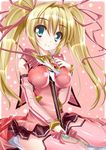  aosi_(wasabiranzy) bad_id bad_pixiv_id between_breasts blonde_hair blue_eyes blush breasts detached_sleeves hair_ribbon long_hair magical_girl medium_breasts original pink_legwear ribbon scepter sitting skirt smile solo thighhighs twintails wand 