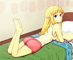  1girl ass bare_legs barefoot bed blonde_hair blue_eyes book boyshorts long_hair looking_back lying on_bed on_stomach open_book pillow pointy_ears princess_zelda saiba_(henrietta) shorts solo tank_top the_legend_of_zelda the_legend_of_zelda:_skyward_sword toes 