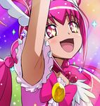  :d arm_up armpits bow choker cure_happy eyelashes haruyama_kazunori hoshizora_miyuki light_particles long_hair magical_girl open_mouth pink_bow pink_choker pink_eyes pink_hair precure smile smile_precure! solo sparkle tiara twintails 
