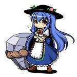  blue_hair boots bow bowtie chibi crossed_arms dress full_body hat hinanawi_tenshi keystone kou512a long_hair red_eyes simple_background smile solo touhou white_background 