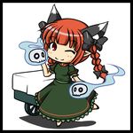  animal_ears border bow braid cat_ears chibi dress green_dress hair_bow holding kaenbyou_rin kou512a long_hair one_eye_closed orange_hair red_eyes skull smile solo touhou twin_braids 