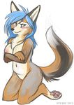  anthro anyare areola big_nipples blue_hair blush breasts canine chest_tuft crossed_arms erect_nipples female fur green_eyes hair jackal kneeling long_hair looking_at_viewer mammal mane navel nipples nude pawpads solo tuft 